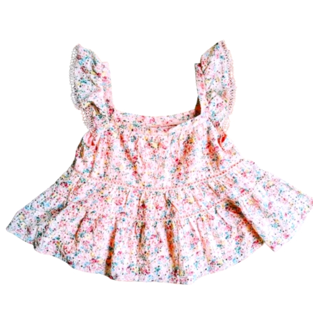 Francesca's Collections Pink Floral Ruffle Crop Top
